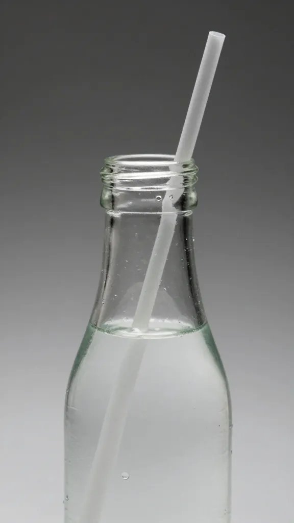 closeup of a glass bottle of water with a straw and breeze