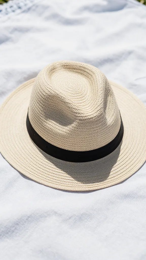 closeup of a solitary sunhat laid on a picnic blanket