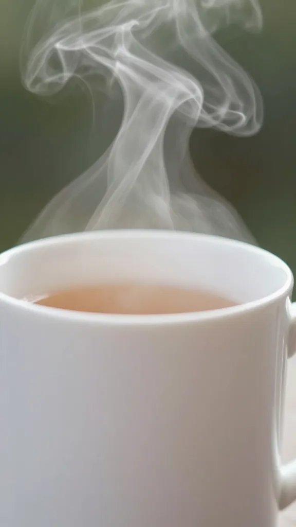 closeup of a single mug of tea steaming outdoors