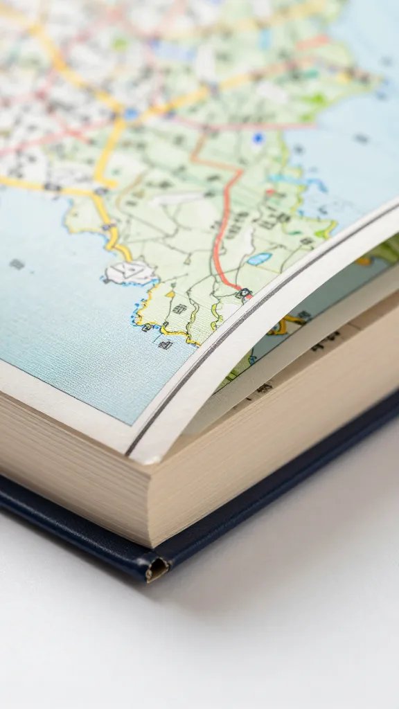closeup of a single folded map tucked under a book