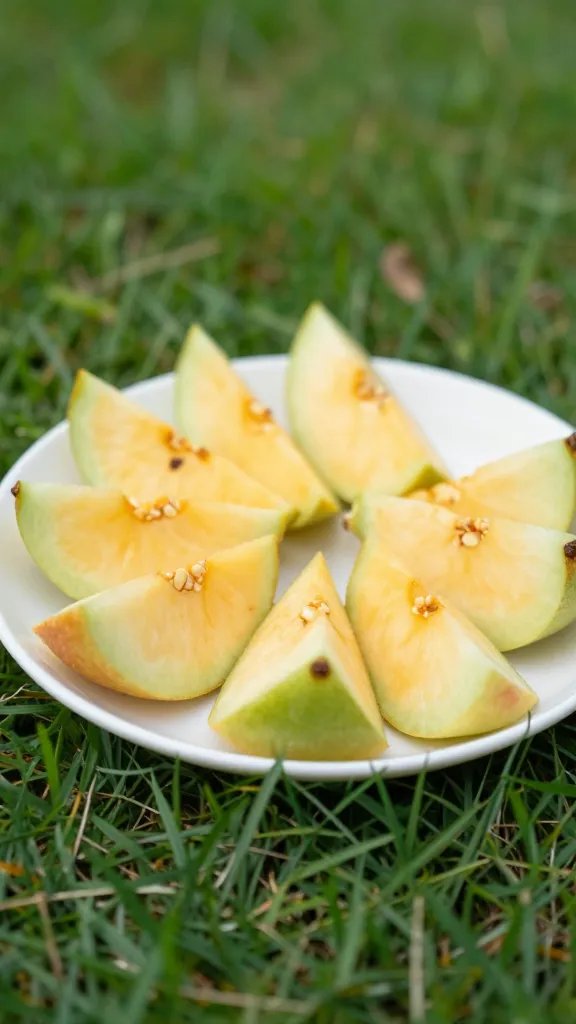 closeup of a single plate with fruit wedges on grass