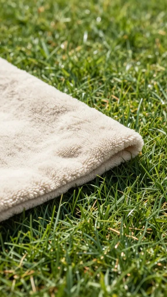 closeup of a lone blanket corner catching sunlight on lawn