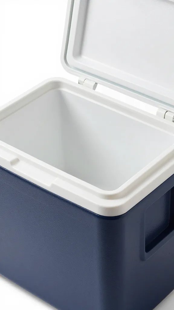 Closeup of single compact cooler open, contents visible