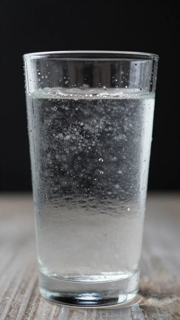 Closeup of lone glass of sparkling water with condensation
