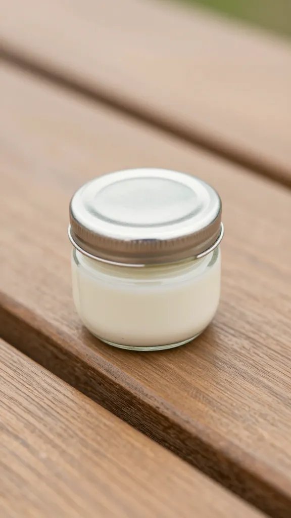 Closeup of tiny dessert jar on wooden picnic board
