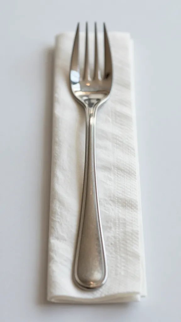 Closeup of single napkin-wrapped utensil set