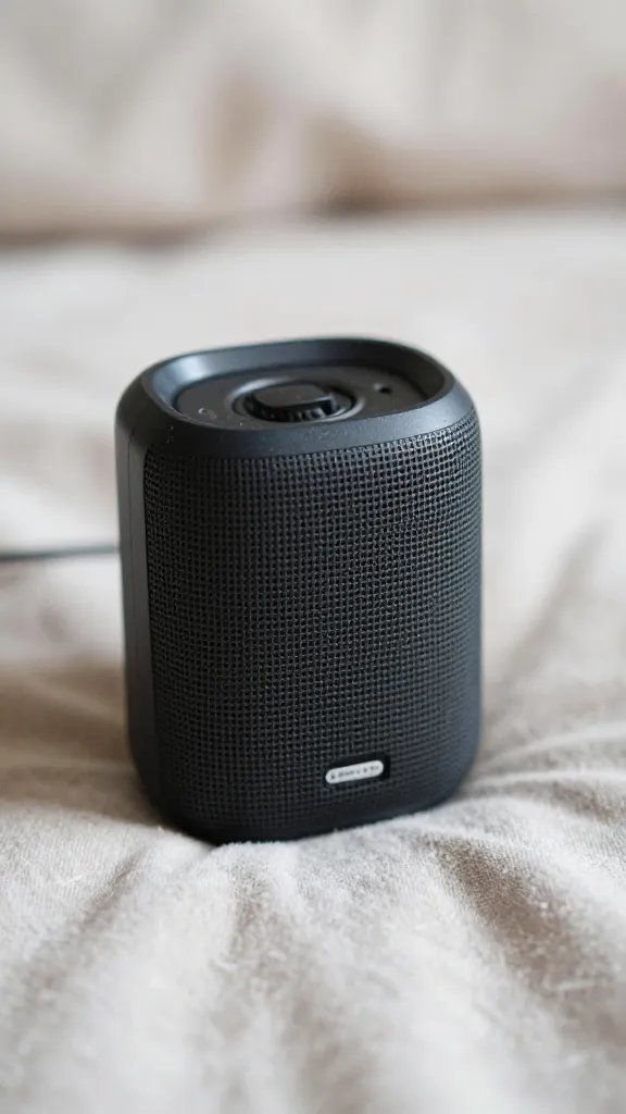 Closeup of single portable compact speaker on blanket