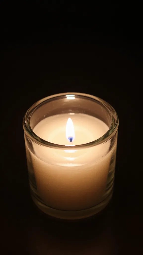 Closeup of lone candle in small glass jar
