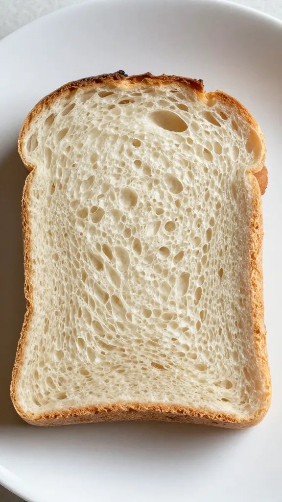Closeup of single artisanal bread slice on plate, soft lighting