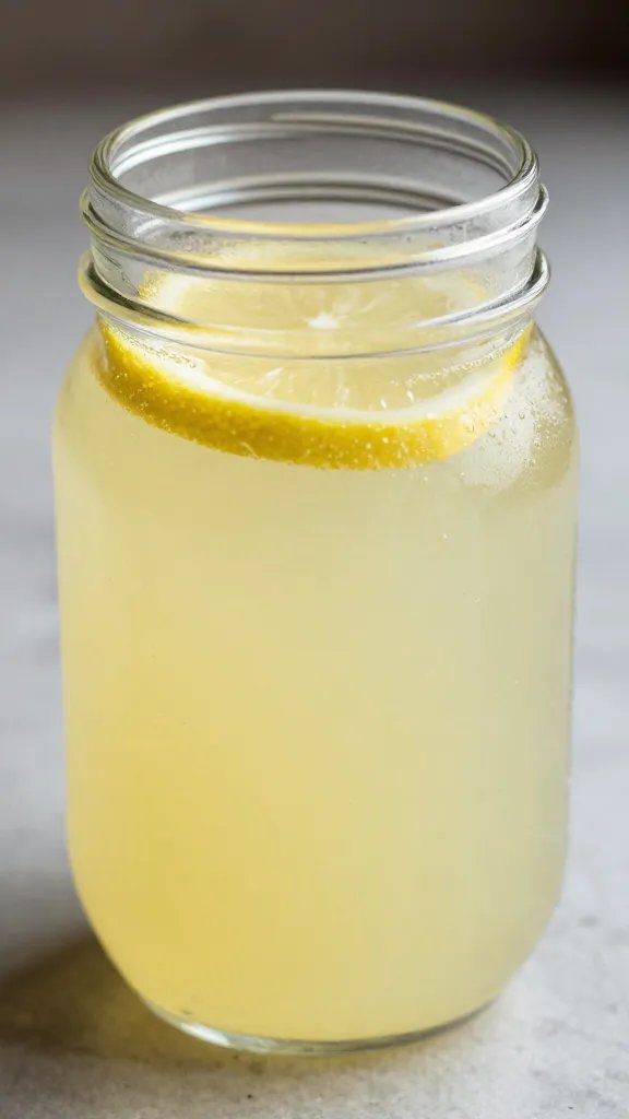 closeup of a lone mason jar of lemonade with slice of lemon