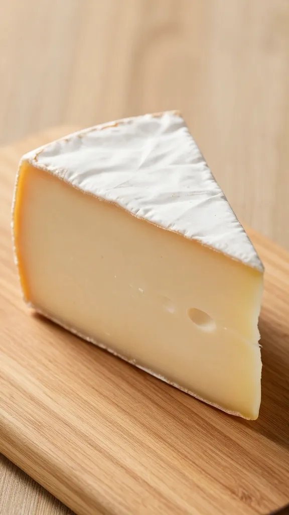 closeup of a single cheese wedge on a wooden cutting board