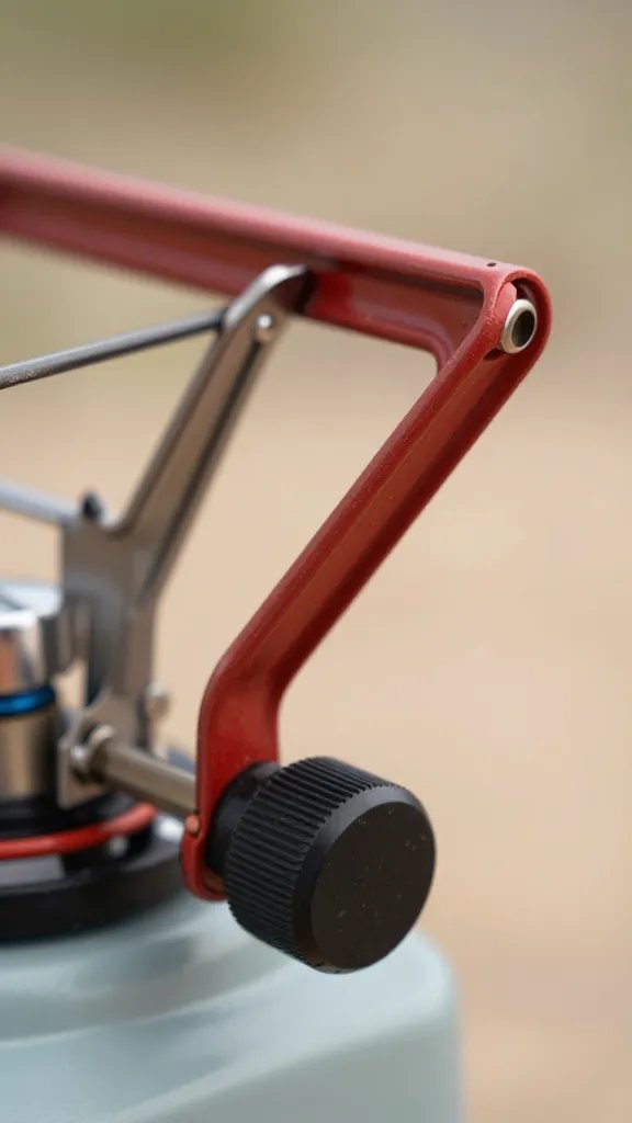 closeup of a compact portable picnic stove handle and knob