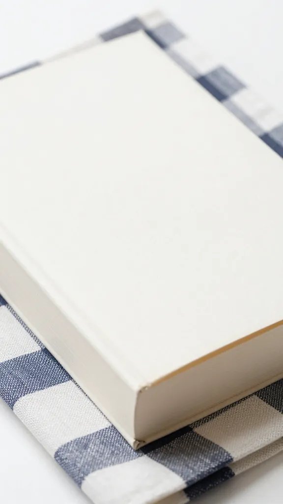 closeup of a single hardcover book resting on a plaid napkin