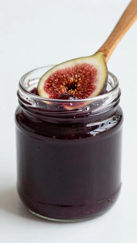 closeup of a solitary fig jam jar with wooden spoon