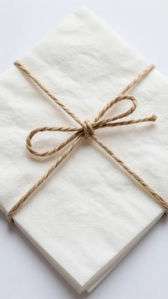 closeup of a single reusable napkin bundle tied with twine