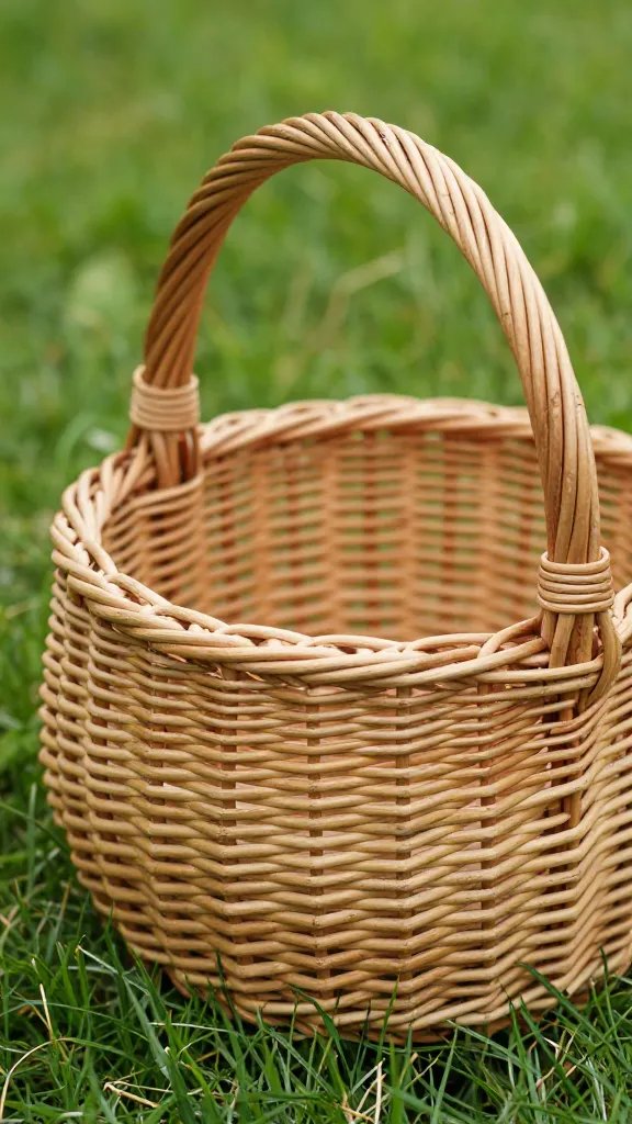 closeup of a single wicker basket resting on grass