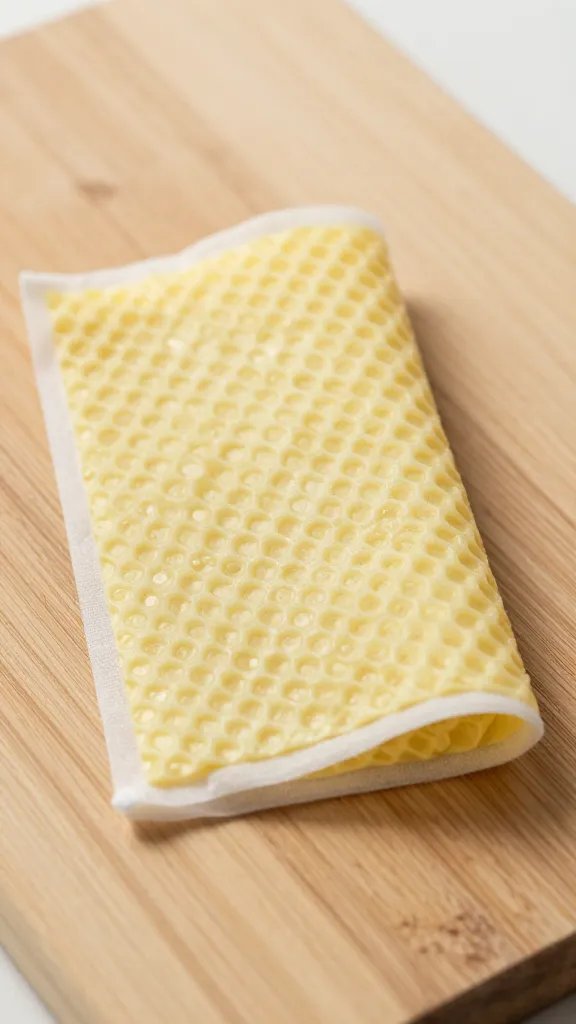 closeup of a lone reusable beeswax wrap on a wooden cutting board