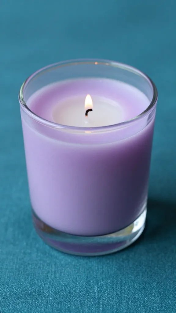 closeup of a single lavender-scented candle on a teal cloth