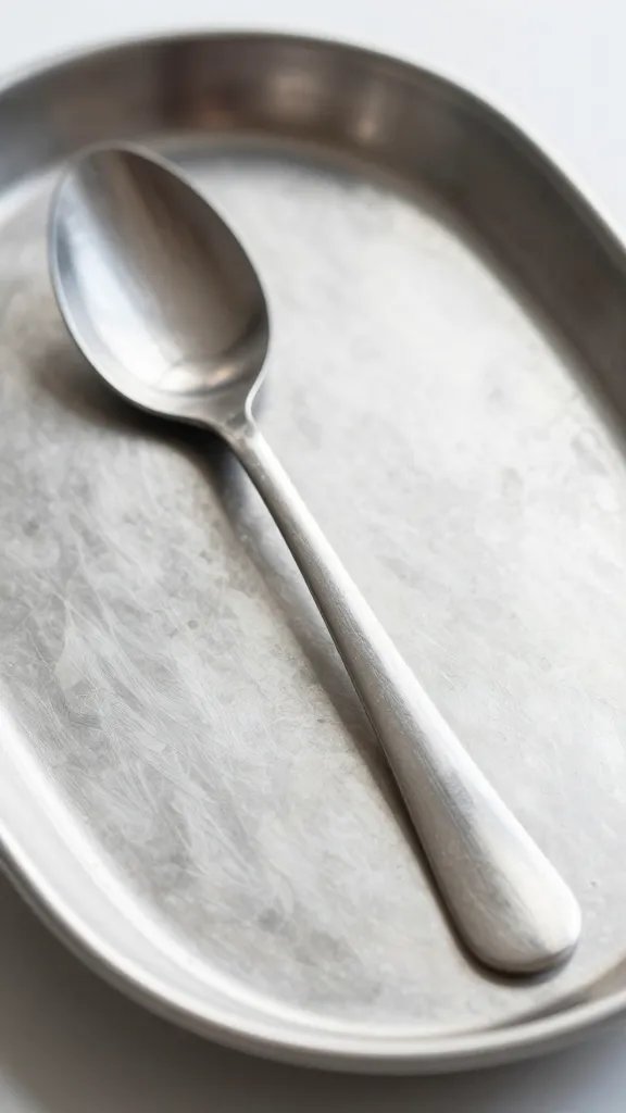 closeup of a single stainless steel utensil on a Scandinavian tray