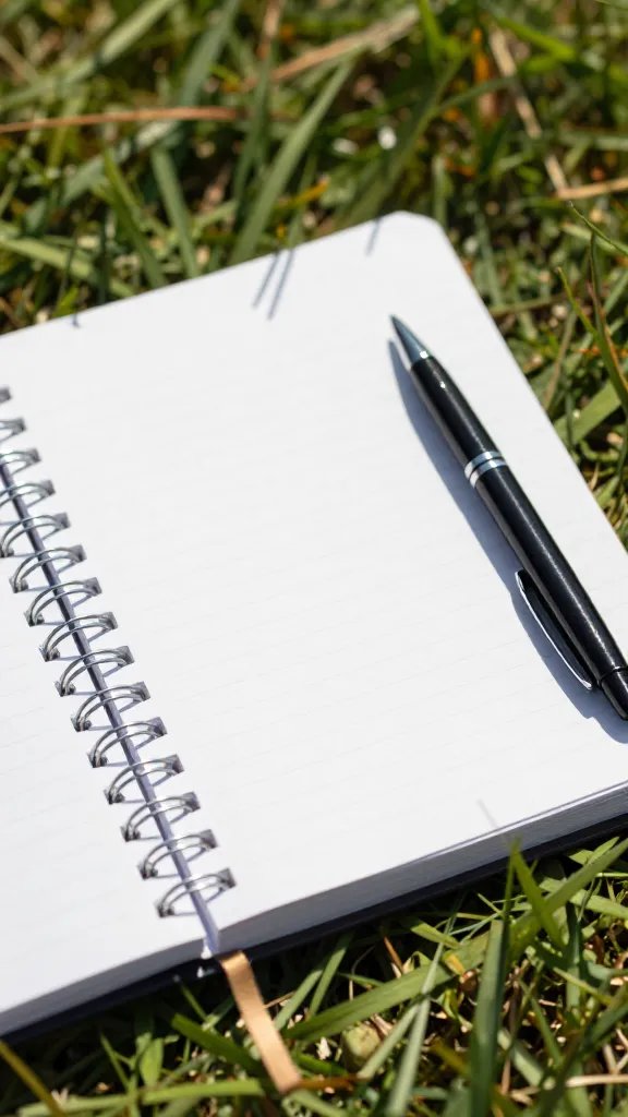 closeup of a single notebook and pen on a sunlit picnic setting
