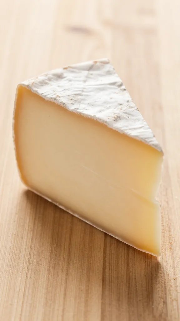 closeup of a solitary cheese wedge on a wooden plank