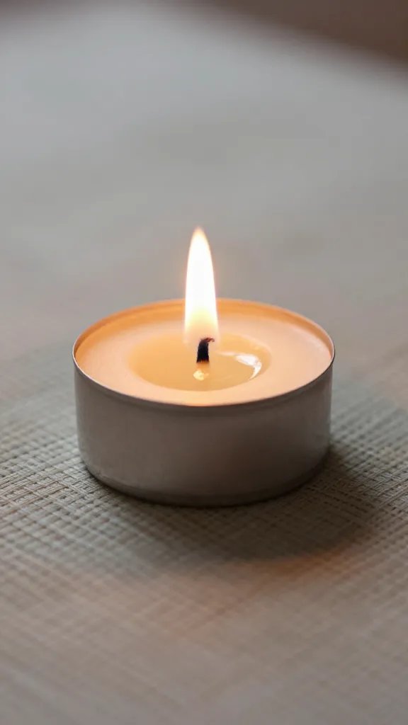 closeup of a micro-ritual ritual candle burning on placemat