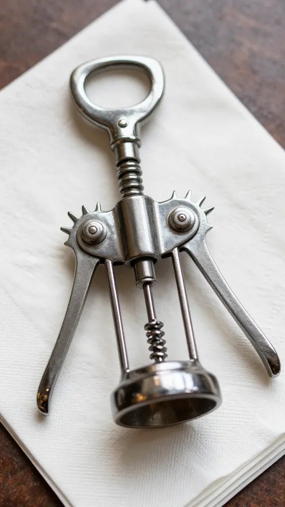 closeup of a single vintage corkscrew beside a folded napkin