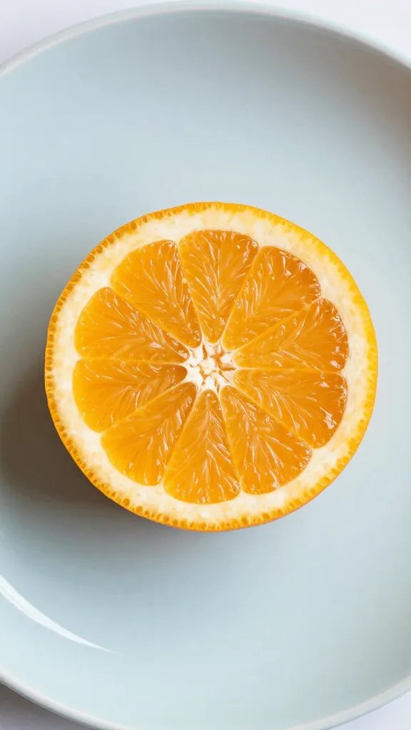 closeup of a single slice of citrus on a pastel plate