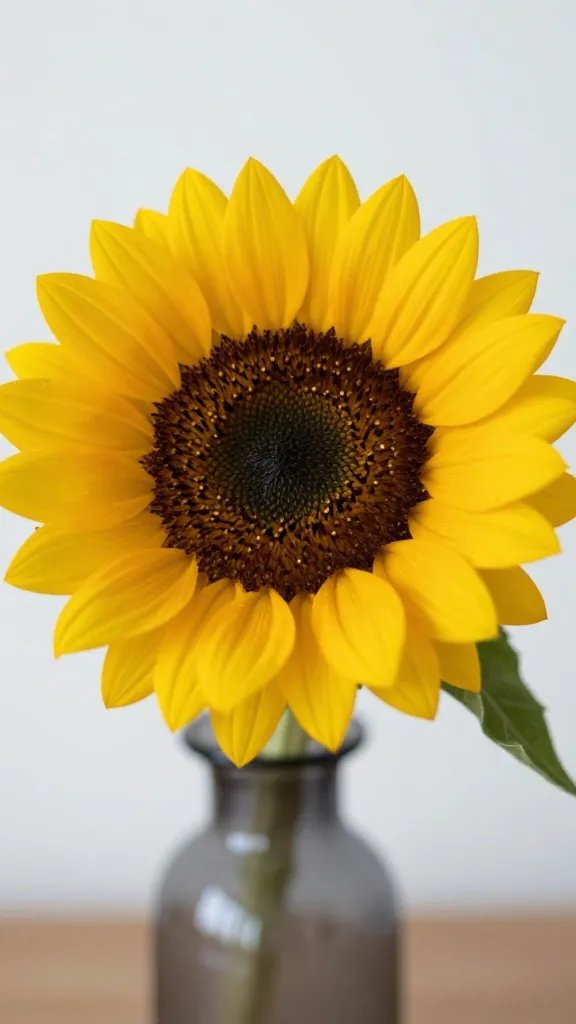 closeup of a lone sunflower resting in a small vase