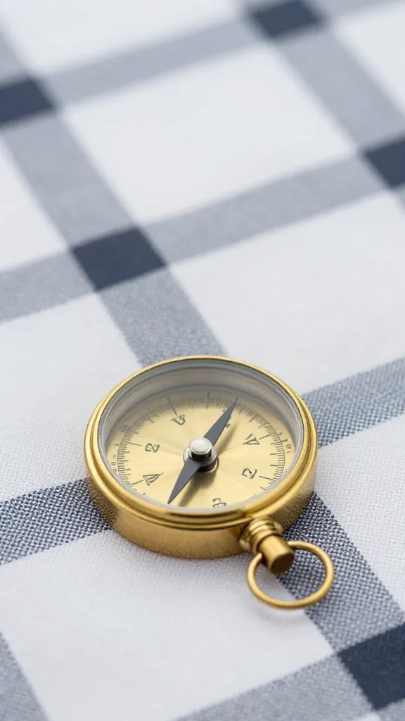 closeup of a single brass compass on picnic blanket