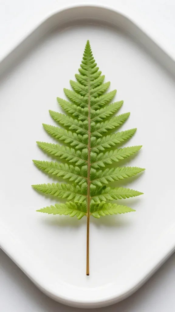 closeup of a single fern leaf resting on a minimalist tray
