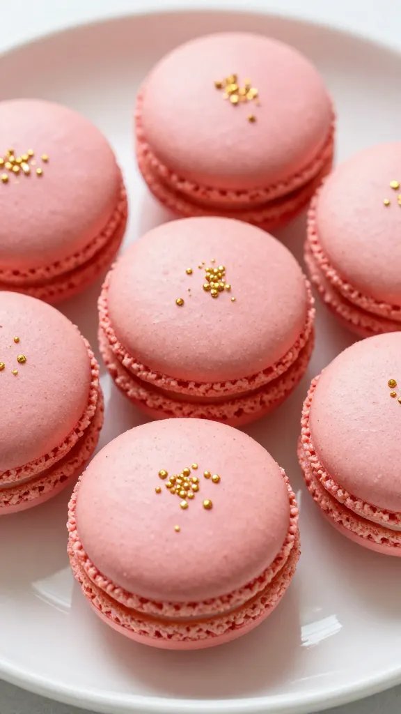 closeup pink macarons on ivory plate with gold sprinkles