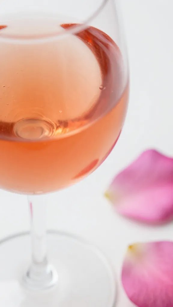 closeup glass of rosé with pink petals beside