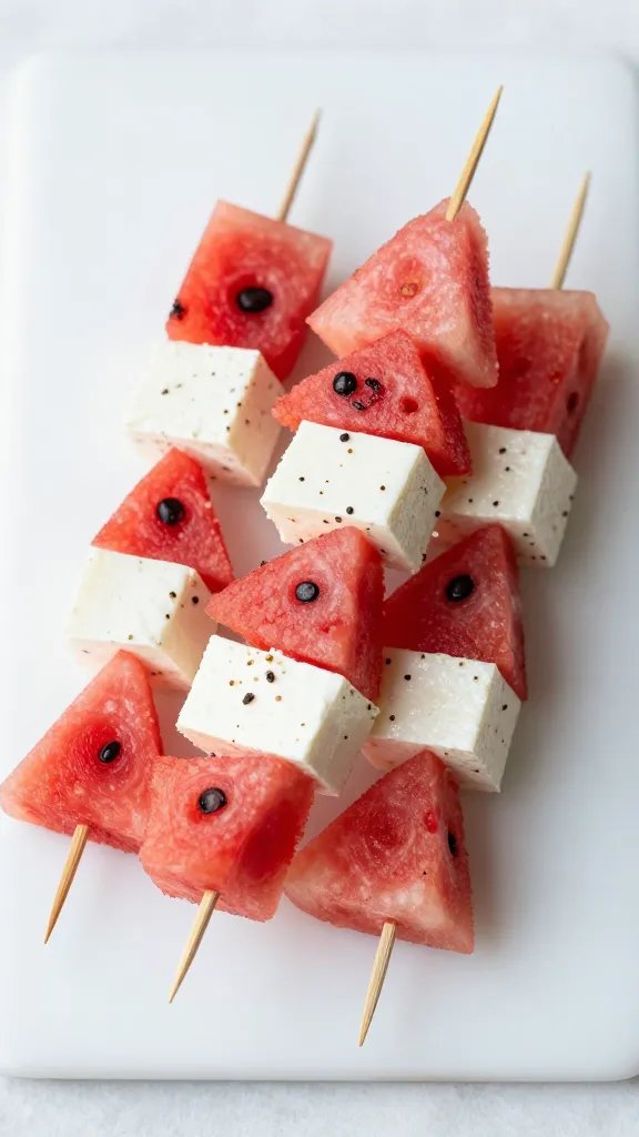 closeup bite-sized watermelon feta skewer on white board