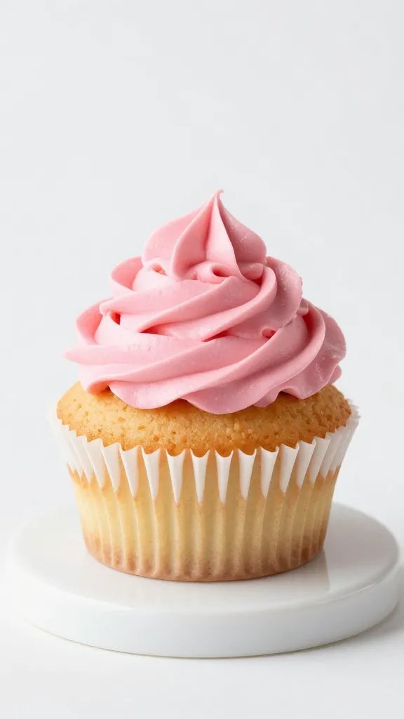 closeup cupcake with pink frosting swirl on white pedestal