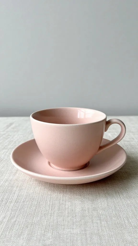 single blush-colored teacup and saucer on linen