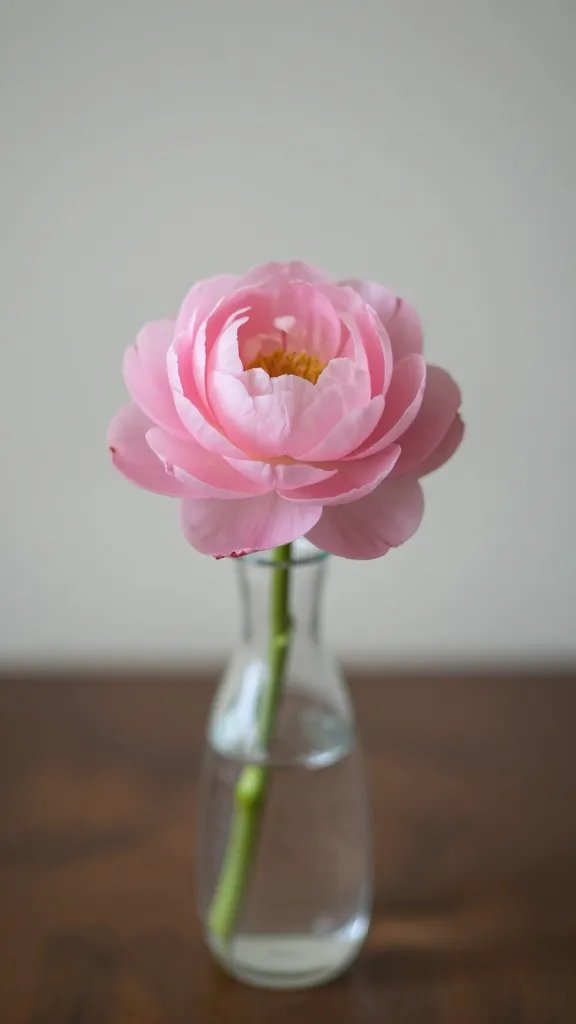 single pink centerpiece bloom in clear vase, soft focus background