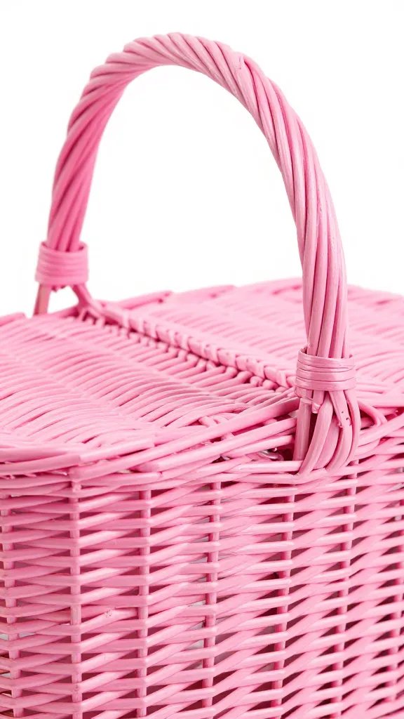 Closeup of a pink picnic basket handle with textured wicker