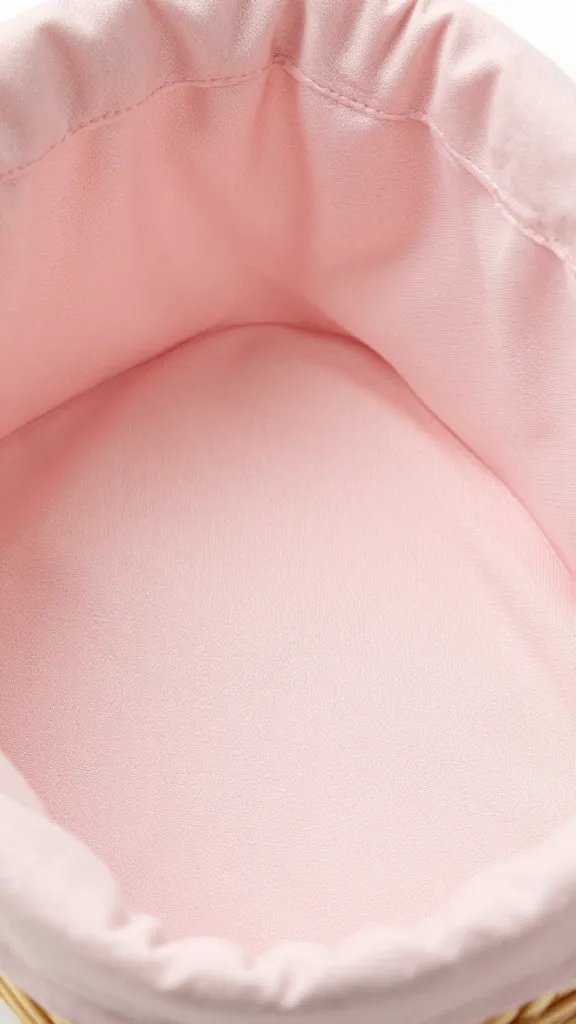 Closeup of blush pink fabric lining inside a basket