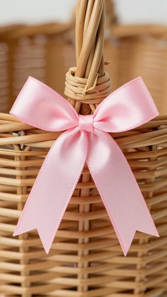 Closeup of a pale pink ribbon tied on basket latch