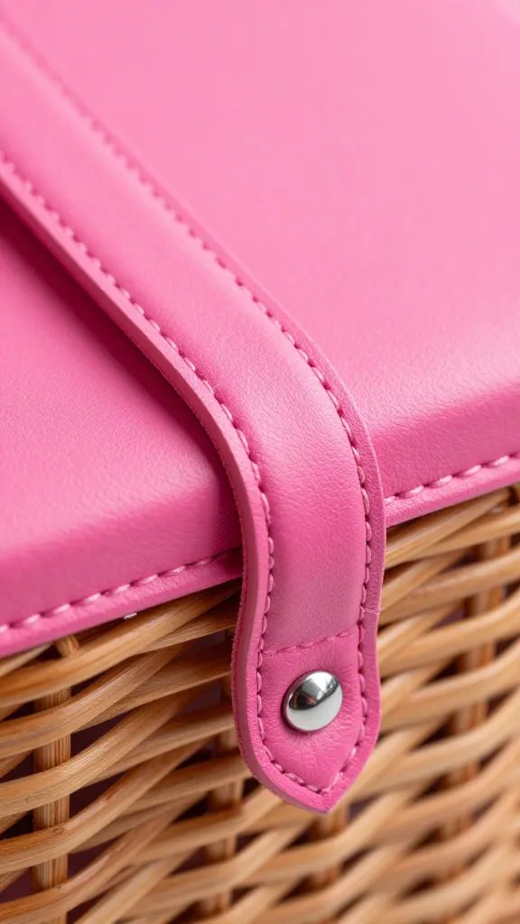 Closeup of a hot pink leather strap securing basket lid