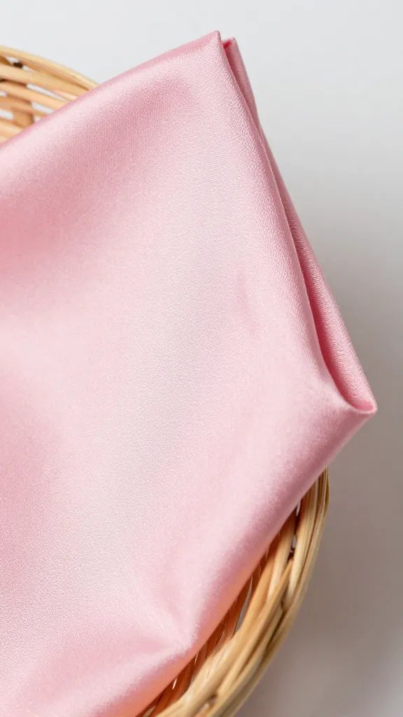 Closeup of satin pink napkin folded beside basket edge