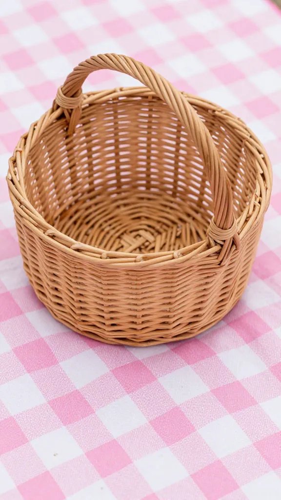 Closeup of pink picnic blanket beneath a single basket