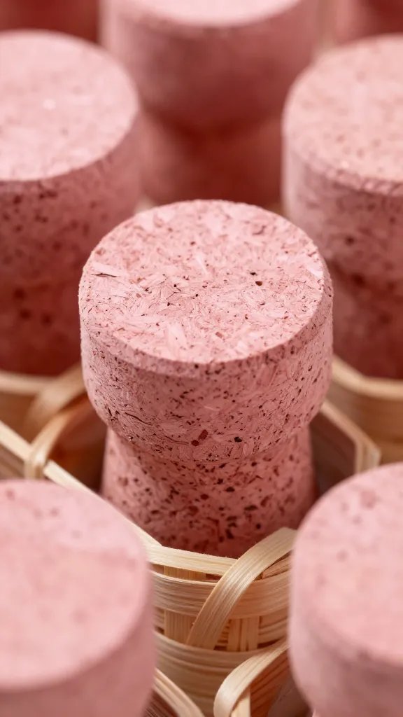 Closeup of rosy pink cork stopper on a basket bottle compartment