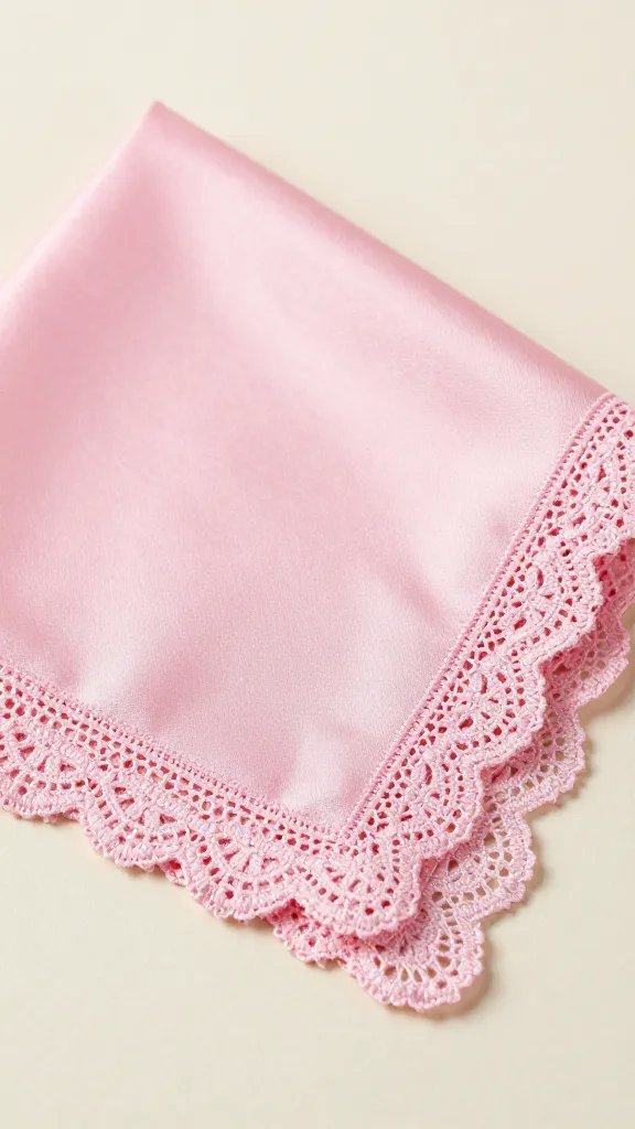 Closeup pink silk napkin with delicate lace trim on ivory table