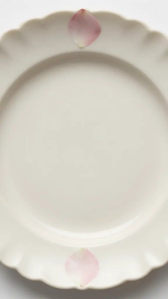 Closeup ivory ceramic plate with scalloped edge and soft pink petals