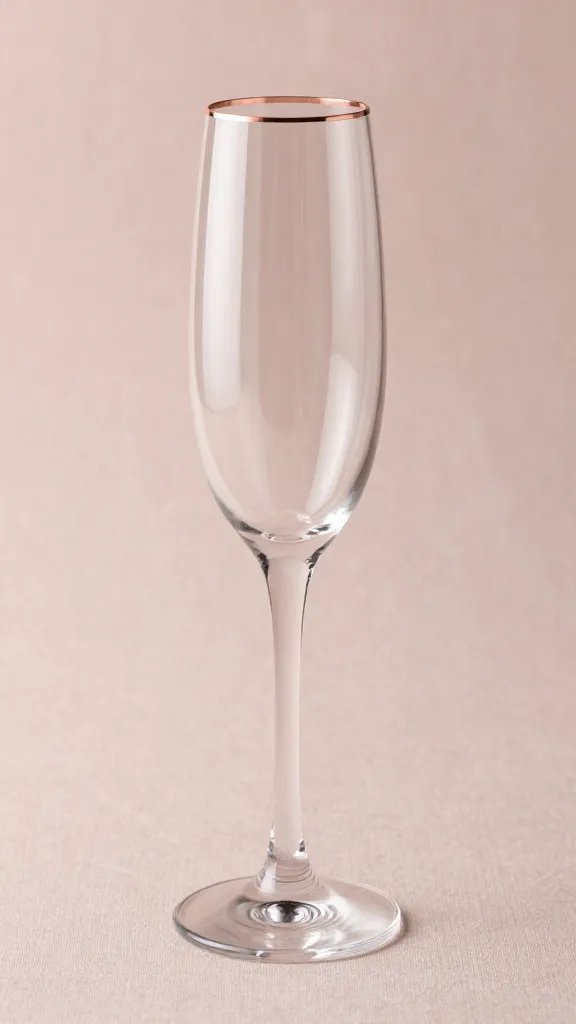 Single champagne flute with rose gold rim against blush linen