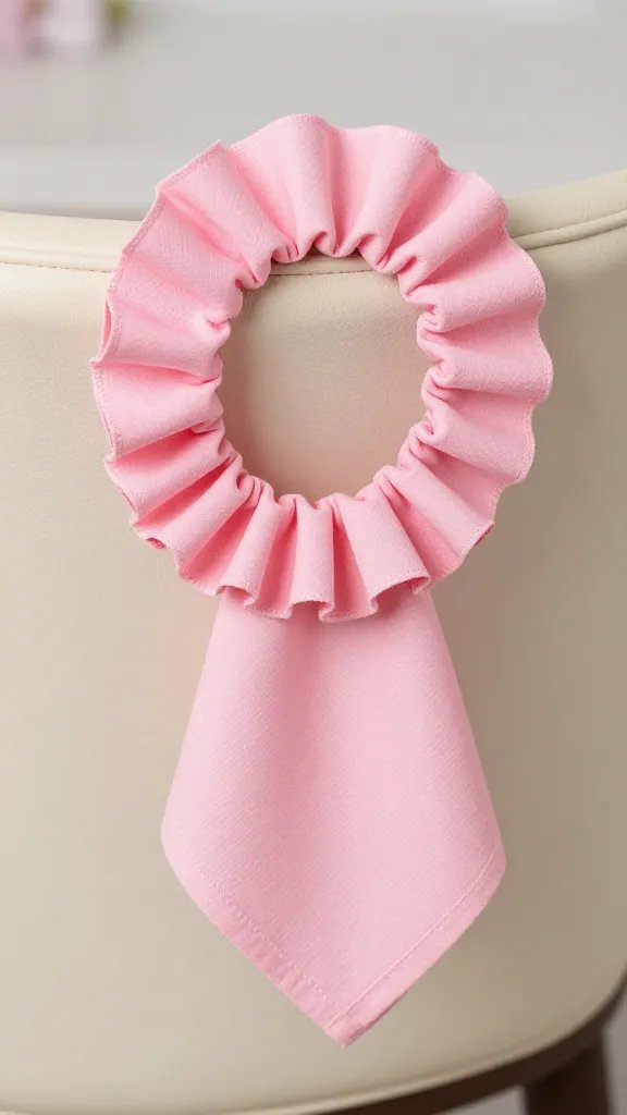 Closeup ruffled pink napkin ring on ivory chair back
