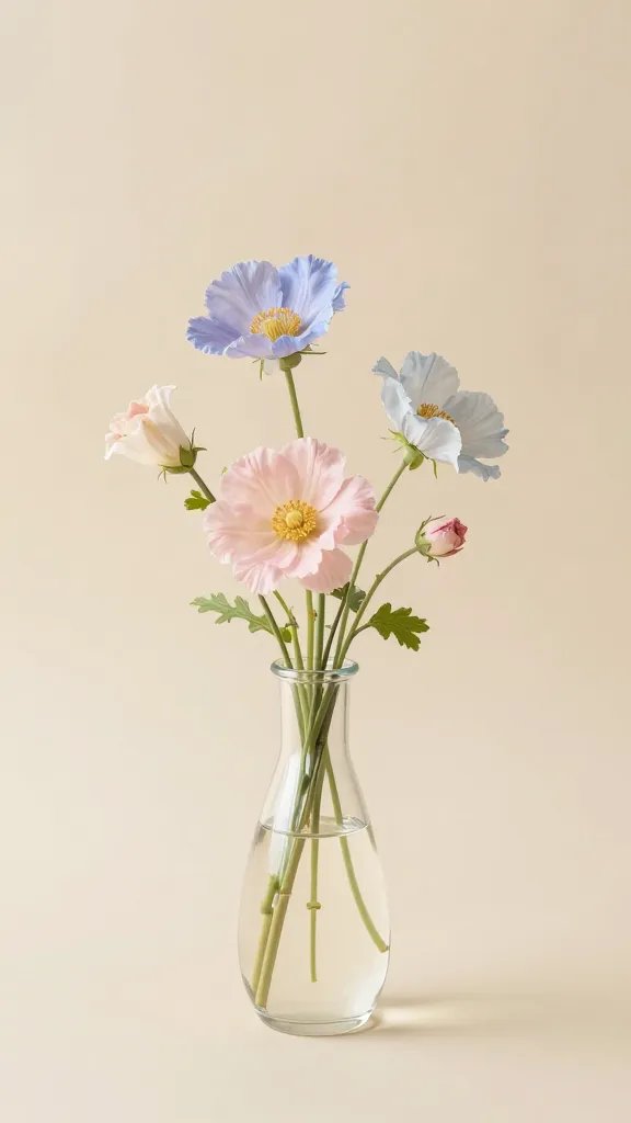 Single delicate pastel florals in glass vase with champagne background