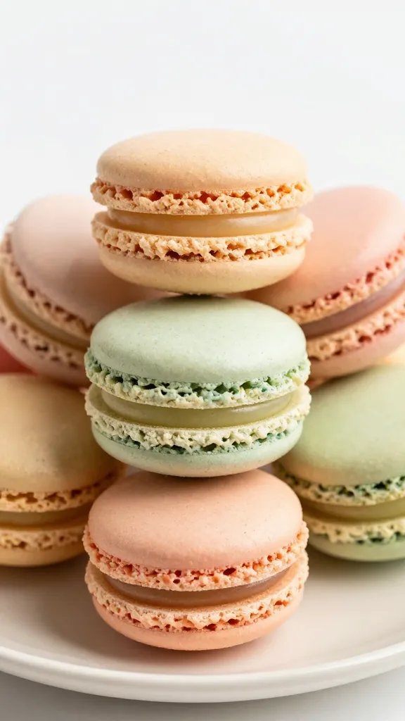 Closeup pastel macarons stacked on champagne-toned plate